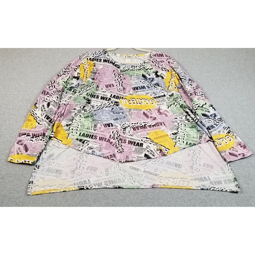 TMG Top Womens 2X Plus Newspaper Print Long Sleeve High Low Blouse Stretch Soft